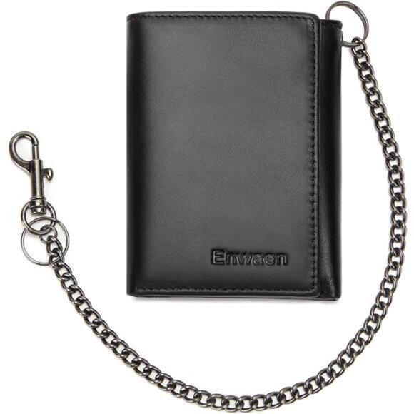 Mens Wallet with Chain, Genuine Leather Trifold Wallet RFID Blocking Anti-Theft - Picture 1 of 7
